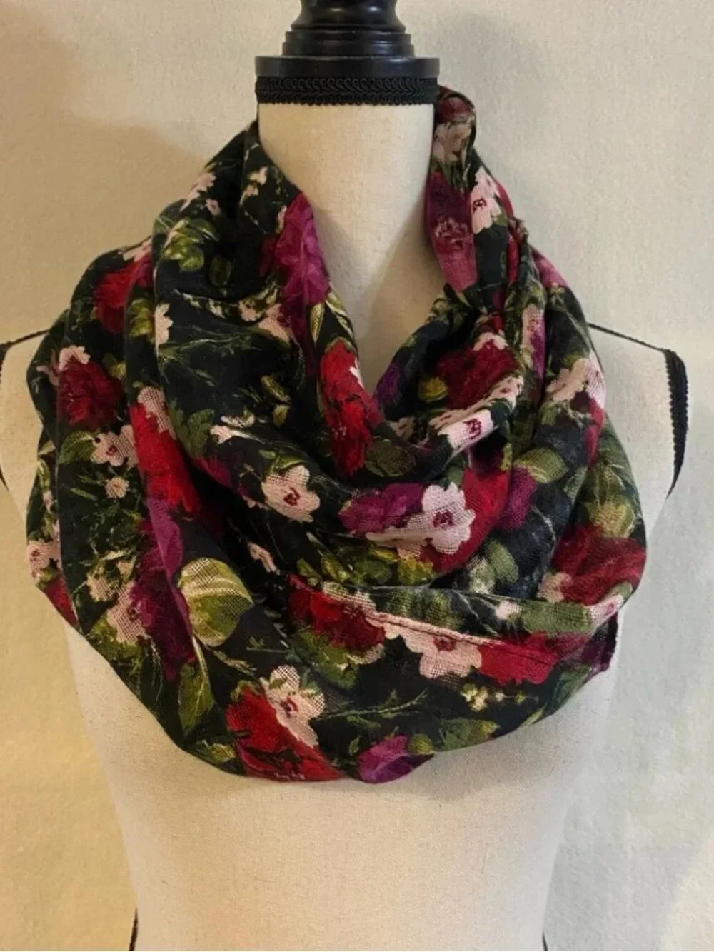 J. Jill black red purple floral print woven infinity scarf